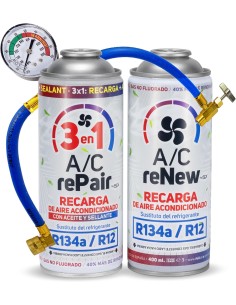 KIT Solución 3 en 1 mas recarga y manometro.  sella, lubrica y renueva el frío de tu aire acondicionado.